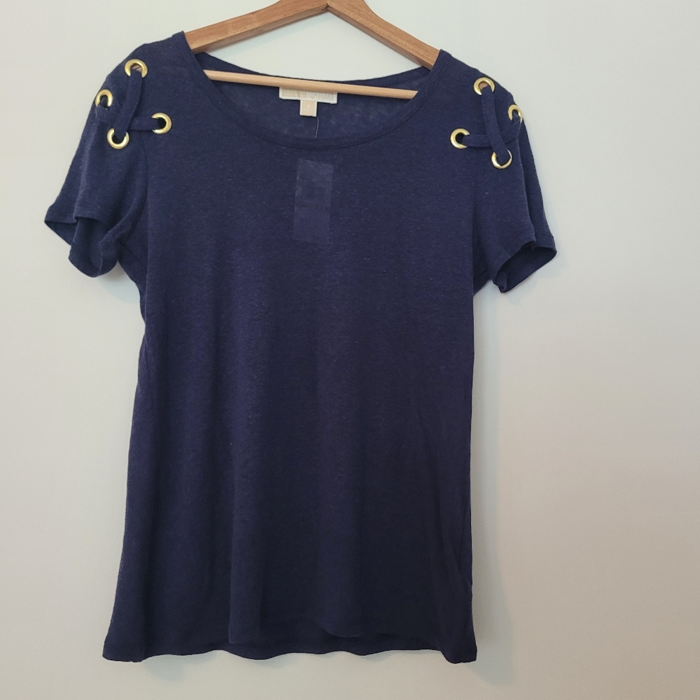 MICHAEL KORS linen Blend True Navy Blue Top Size Small Short Sleeve